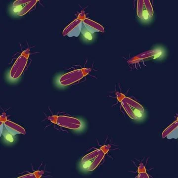 Seamless pattern with firefly insects flying with different angles. Vector Illustrazione stock