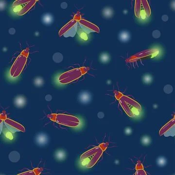 Seamless pattern with firefly insects flying with different angles. Vector Illustrazione stock