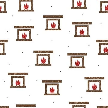 Seamless pattern of fireplace and fire in flat style on a white background. Stock Illustration