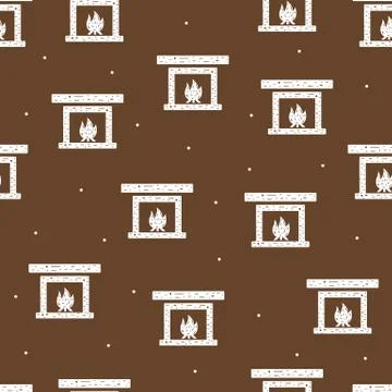 Seamless pattern of fireplace and fire in flat style on a brown background. Stock Illustration