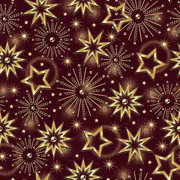 Seamless pattern with fireworks, big golden stars Stock Illustration