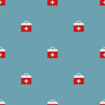 Seamless pattern with first aid kit on blue background. Health care. Vector. Stock Illustration