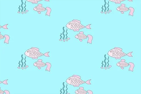 Seamless pattern with fish, algae and stones. Turquoise and pink colors. Un.. Stock Illustration