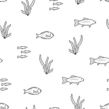 Seamless pattern with fish and algae doodle style. Vector illustration dorado Stockillustratie