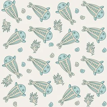 Seamless pattern with fish and coral. Doodle style Stock Illustration