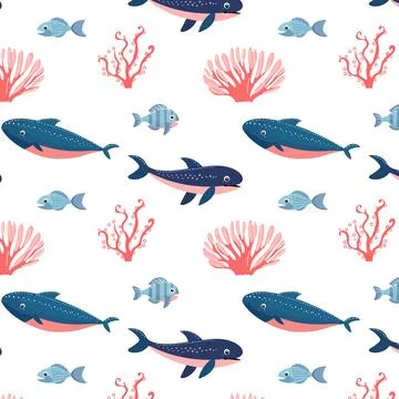 Seamless pattern with fish and marine animals and algae. Stockillustratie