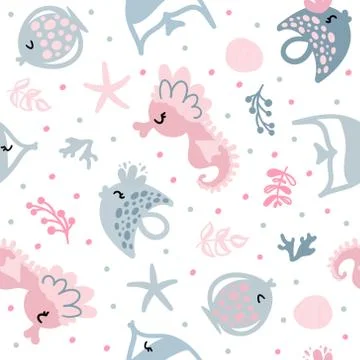 Seamless pattern with fish and seahorses Stock Illustration