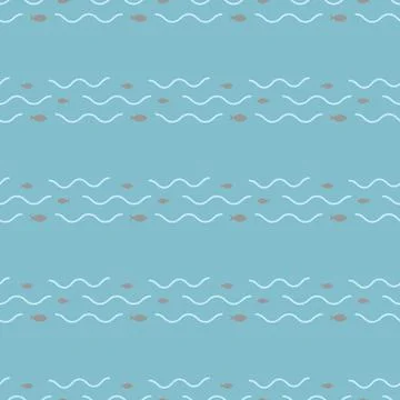 Seamless pattern with fish and wave. Wallpapers with silhouettes of small fis Illustrazione stock