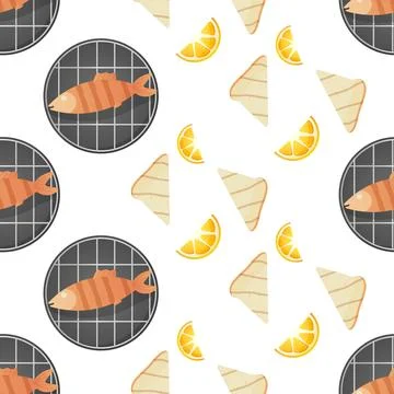Seamless pattern, fish barbecue and toast, vector. For wrapping paper, fabr.. Stock-Illustration