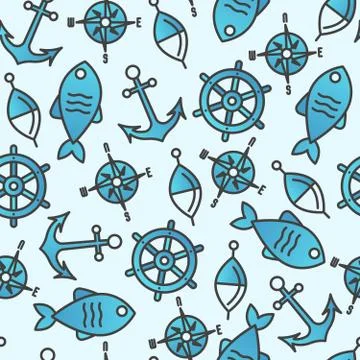 Seamless pattern with fish, bobber and anchor. Marine background Stock Illustration
