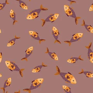 Seamless pattern fish on brown background. Abstract ornament with sea animals Stock Illustration