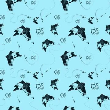 Seamless pattern fish catch and fishing rod background design Stock Illustration