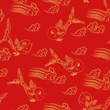 Seamless pattern with fish in clouds in Chinese style. Stock Illustration