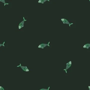 Seamless pattern fish on dark green background. Minimalist ornament with sea  Illustrazione stock