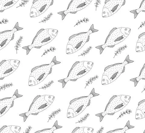Seamless pattern, fish Dorado with greenery, hand drawn. Vector illustration. Illustrazione stock
