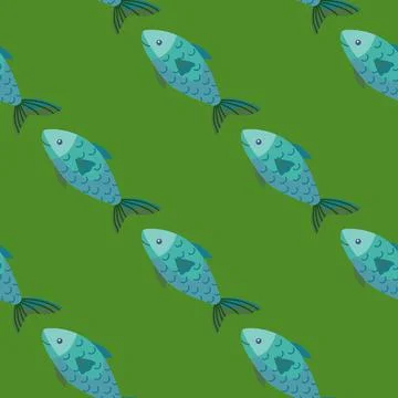 Seamless pattern fish on green background. Simple ornament with sea animals. Stock Illustration