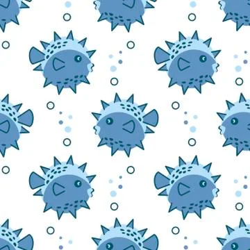Seamless pattern with fish hedgehog. White and blue colors . Vector illustrat Stock Illustration