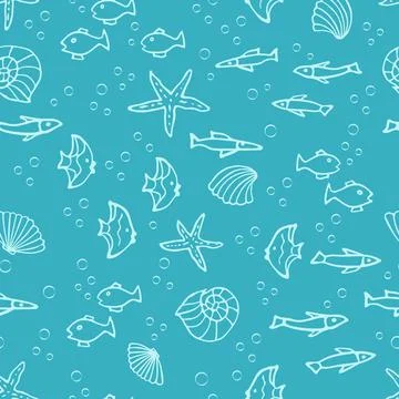 Seamless pattern with fish icons, shells, starfish on a blue background. 스톡 일러스트