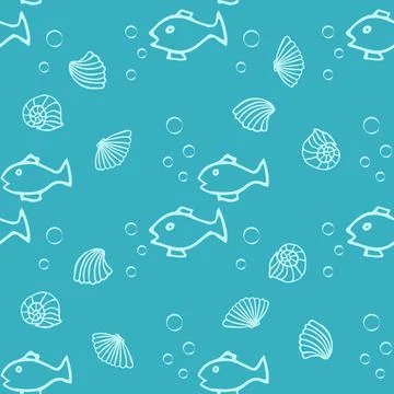 Seamless pattern with fish icons, shells on a blue background. Illustrazione stock
