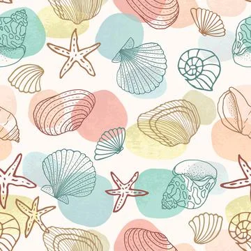 Seamless pattern with fish icons, shells, starfish on a blue background. 스톡 일러스트