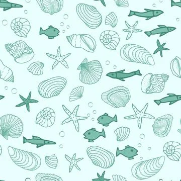 Seamless pattern with fish icons, shells, starfish on a blue background. 스톡 일러스트