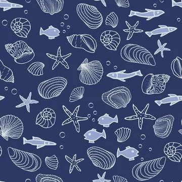 Seamless pattern with fish icons, shells, starfish on a blue background. 스톡 일러스트
