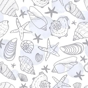 Seamless pattern with fish icons, shells, starfish on a blue background. Illustrazione stock