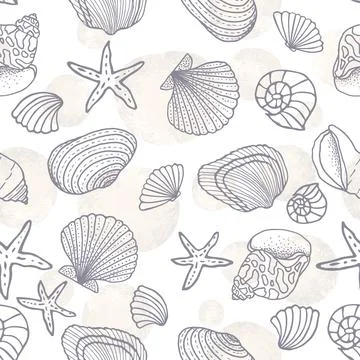 Seamless pattern with fish icons, shells, starfish on a blue background. Illustrazione stock