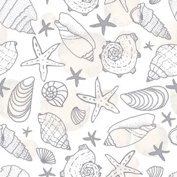 Seamless pattern with fish icons, shells, starfish on a blue background. 스톡 일러스트