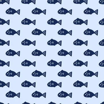 Seamless pattern with fish on light blue background. Doodle Style Hand Drawn Stock Illustration