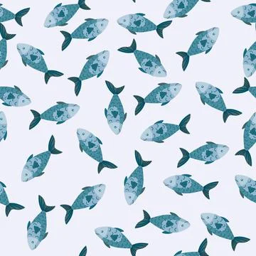 Seamless pattern fish on light gray background. Modern ornament with sea anim イラスト素材