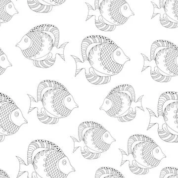 Seamless pattern Fish, ornamental graphic fish, floral line pattern. Vector. Stock Illustration