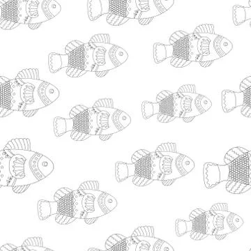 Seamless pattern Fish, ornamental graphic fish, floral line pattern. Vector. Stock Illustration