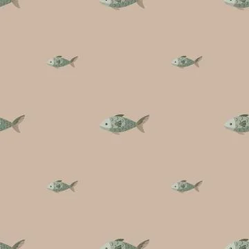 Seamless pattern fish on pastel brown background. Modern ornament with sea an Stock Illustration