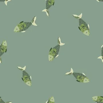 Seamless pattern fish on pastel green background. Modern ornament with sea an Illustrazione stock