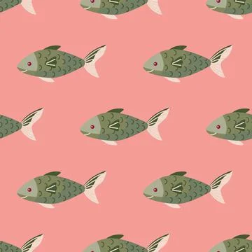 Seamless pattern fish on pink background. Abstract ornament with sea animals. 스톡 일러스트