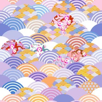 Seamless pattern fish scales simple Nature background with japanese sakura fl Stock Illustration