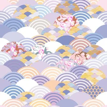 Seamless pattern fish scales simple Nature background with japanese sakura fl Stock Illustration