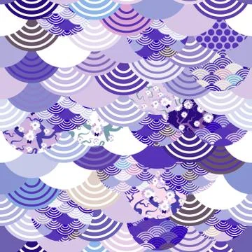 Seamless pattern fish scales simple Nature background with japanese sakura fl Illustrazione stock