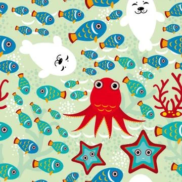 Seamless pattern with fish, sea lions, octopus starfish corals in the backgro Stock Illustration
