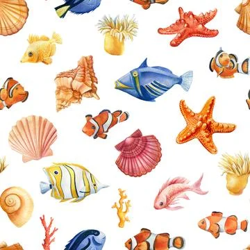 Seamless pattern with fish, seashells and starfish. Marine background Stock Illustration