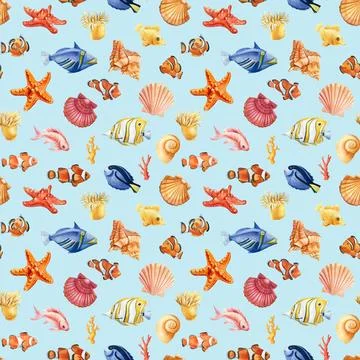 Seamless pattern with fish, seashells and starfish. Marine background 스톡 일러스트