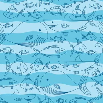 Seamless pattern with fish, shark and whale on a striped blue background. Stock Illustration
