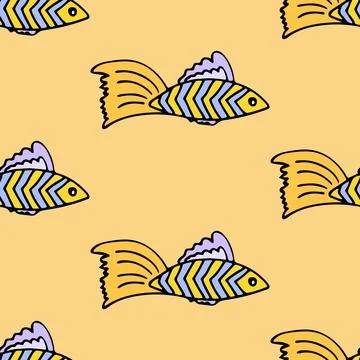 Seamless pattern with fish, shells and starfish with bubbles for girl. Illustrazione stock