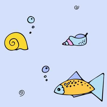 Seamless pattern with fish, shells and starfish with bubbles for boys. イラスト素材