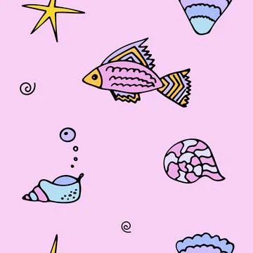 Seamless pattern with fish, shells and starfish with bubbles for girls. Illustrazione stock