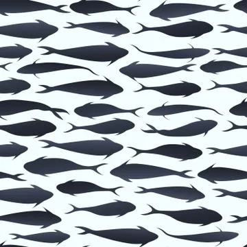 Seamless pattern with fish silhouette swimming on light background. Illustrazione stock
