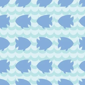 Seamless pattern with fish silhouettes on blue wave background Stock Illustration