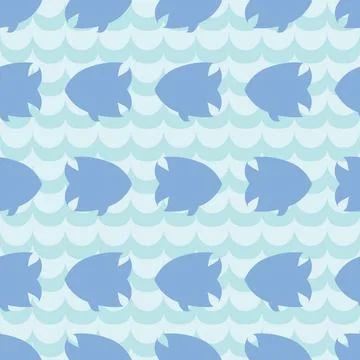 Seamless pattern with fish silhouettes on blue wave background. Seamless p... Stock Photos