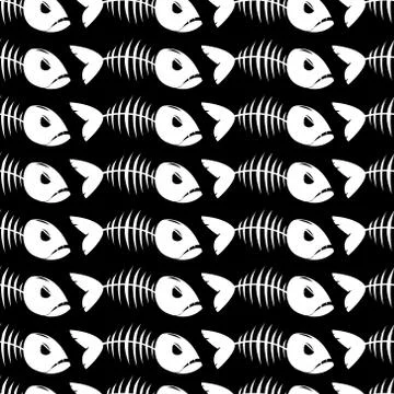 Seamless pattern with fish skeleton on black background Stock Illustration
